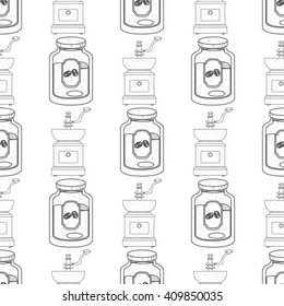 Seamless pattern with outline drawings on the theme of coffee. Jar of coffee and an old coffee grinder.