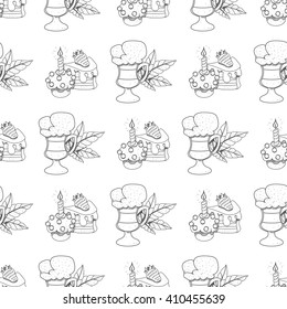 Seamless pattern with outline drawings on the theme of coffee. A iced coffee and cakes.