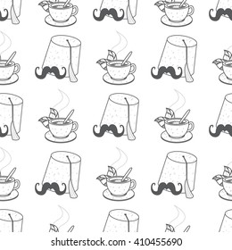 Seamless pattern with outline drawings on a coffee theme. Turkish coffee pot, cup of coffee and fez.