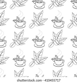 Seamless pattern with outline drawings on the theme of coffee. Coffee beans and coffee in the cup.