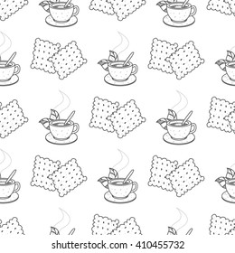 Seamless pattern with outline drawings on the theme of coffee. A cup of hot coffee or tea and crackers.