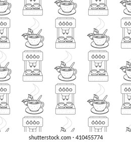 Seamless pattern with outline drawings on the theme of coffee. A cup of hot coffee or tea and coffee maker.