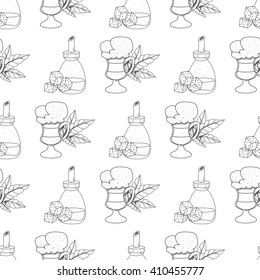 Seamless pattern with outline drawings on the iced coffee.