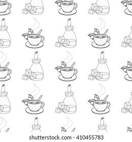 Seamless pattern with outline drawings on the theme of coffee. Cane sugar and coffee in the cup.