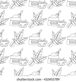 Seamless pattern with outline drawings on the theme of coffee. Coffee beans and a bag of coffee beans.