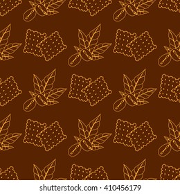 Seamless pattern with outline drawings on the theme of coffee. Coffee beans and crackers.