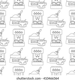 Seamless pattern with outline drawings on the theme of coffee. Coffee maker and a bag of coffee beans.