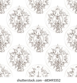 Seamless pattern from outline drawings of space ship and sun.