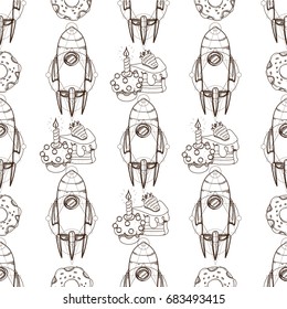 Seamless pattern from outline drawings of a spaceship and cakes.