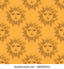Seamless pattern from outline drawings of a stylized sun.