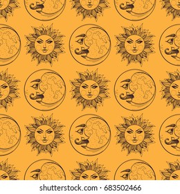 Seamless pattern from outline drawings of a stylized sun and Moons.