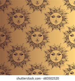Seamless pattern from outline drawings of a stylized sun.