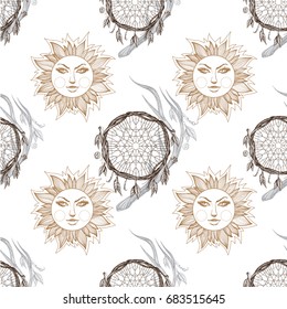 Seamless pattern from outline drawings of a stylized sun and Indians talisman.