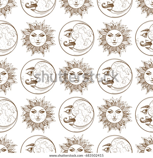 Seamless pattern from outline drawings of a\
stylized sun and\
Moons.