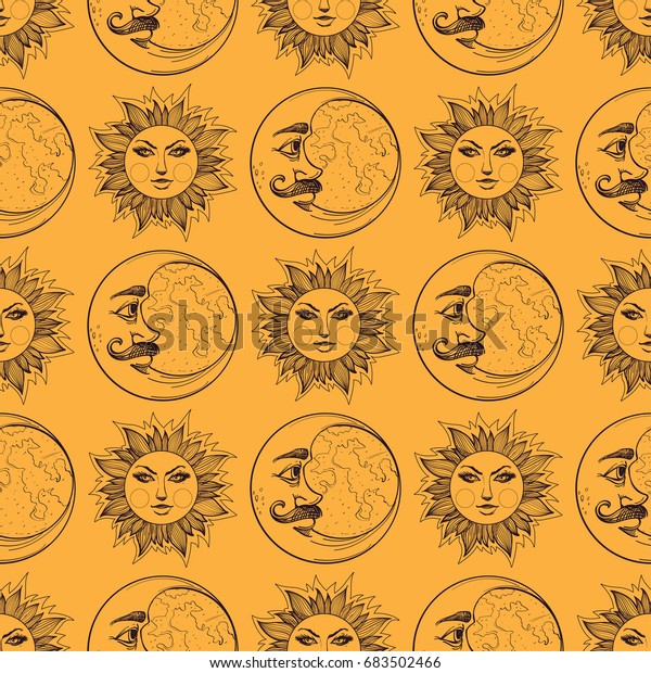 Seamless pattern from outline drawings of a\
stylized sun and\
Moons.
