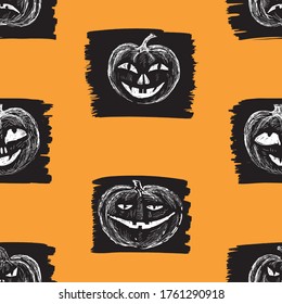 Seamless pattern of outline drawings various halloween pumpkins
