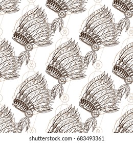 Seamless pattern from outline drawings of War bonnet, feather headdress. Traditions of the North American Indians.