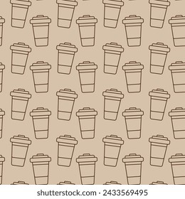 Seamless pattern of outline drawn disposable cups on a backdrop in trendy soft coffee shade. Texture