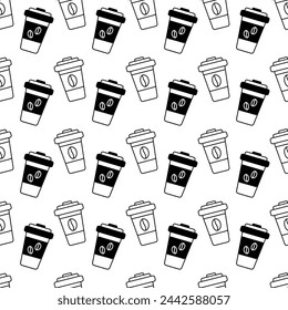 Patrón sin costuras de contorno dibujado y silueta tazas desechables con tapa y granos de café en la etiqueta
