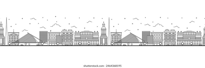 Seamless pattern with outline Dublin Ireland City Skyline. Historic Buildings Isolated on White. Vector Illustration. Dublin Cityscape with Landmarks.