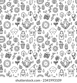 Seamless pattern with outline eco icons and recycles symbols. Save the planet. Hand drawn elements. Sketch, doodle. Vector illustration