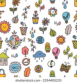 Seamless pattern with outline eco icons and recycles symbols. Save the planet. Hand drawn elements. Sketch, doodle. Vector illustration
