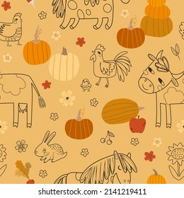 Seamless Pattern With Outline Farm Animal, Pumpkins And Flowers On Mustard Background. Yellow Digital Background With Vector Hand Drawn Farm Elements. Seamless Pattern For Kids Fabric, Scrapbook Paper