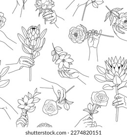 Seamless pattern with outline female hands  and tender flowers.  Elegant floral composition with woman hands touching and holding blooming flowers. Monochrome line art vector illustration.