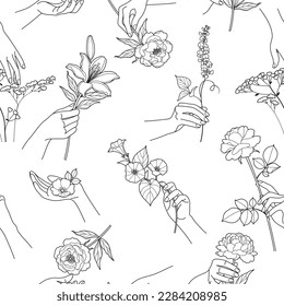 Seamless pattern with outline female hands  and tender flowers.  Elegant floral composition with woman hands touching and holding blooming flowers. Monochrome line art vector illustration.