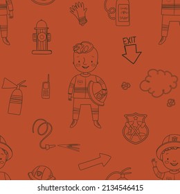 Seamless pattern with outline firefighter on red background. Kids digital background with vector hand drawn elements. Seamless pattern for kids fabric, textile and scrapbook paper.