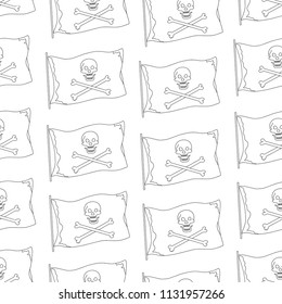 Seamless pattern of outline flag on white background. Pirate flag with a skull. Wallpapers for children's parties, clothes, textiles. Hand drawing in cartoon style. Vector illustration.