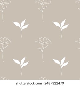 Seamless pattern with outline flower and silhouette leaves. Nature hand-drawn background. Vector print wallpaper, textile fabric swatch, cover. 