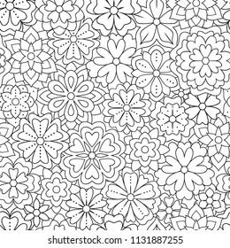 Seamless pattern with outline flowers for coloring book. Beautiful floral background for color artwork. Monochrome backdrop, summer flower drawing. Colouring line illustration.