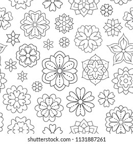 Seamless pattern with outline flowers for coloring book. Beautiful floral background for color artwork. Monochrome backdrop, summer flower drawing. Colouring line illustration.