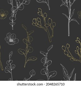 Seamless pattern with outline flowers dark background