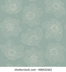 Seamless pattern outline flowers dryas, beige floral line on aquamarine background
