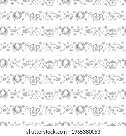 Seamless pattern with outline flowers and garden equipments: watering can, rake, hoe, gloves, pruner, hose for irrigation. Vector backgrounds and textures with tools gardening in doodle style