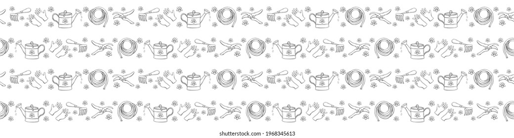 Seamless pattern with outline flowers and garden equipments: watering can, rake, hoe, gloves, pruner, hose for irrigation. Vector backgrounds and textures with tools gardening in doodle style