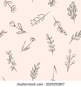 Patrón sin foco con flores, hojas, plantas. Ilustración floral plana simple para papel de pared, papel envolvente, diseño de superficie