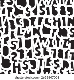 Padrão contínuo com fonte de contorno de forma geométrica simples e espessa. Vetor abstrato de fundo monocromático com letras latinas. Papel de parede, papel de embrulho, tecido, tecido, azulejo. Design de camiseta. Sem IA 