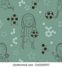 Seamless pattern with outline football player kids on sea green background. Soccer digital background with vector hand drawn elements. Seamless pattern for kids fabric, textile and scrapbook paper.