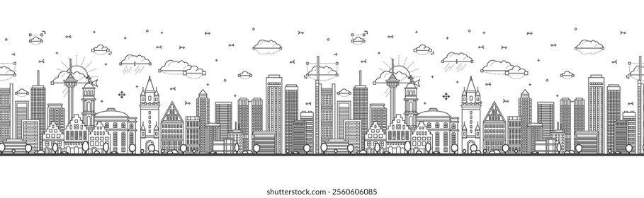 Seamless pattern with Outline Frankfurt Germany City Skyline with Modern Buildings Isolated on White. Vector Illustration. Frankfurt Cityscape with Landmarks.