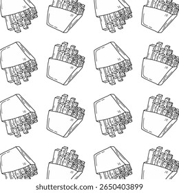 Seamless pattern of outline french fries in their containers, perfect for fast food branding and snack-themed designs