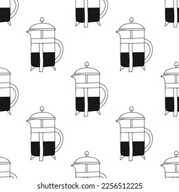 Patrón sin brillo con la prensa francesa con café. Superficie lineal minimalista con bebida caliente para textil de cocina, tela, diseño de menú. Elementos de arte de línea blanca y negra. Concepto de desayuno