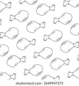 Seamless pattern of outline fried chicken drumsticks, ideal for culinary and fast-food themed designs