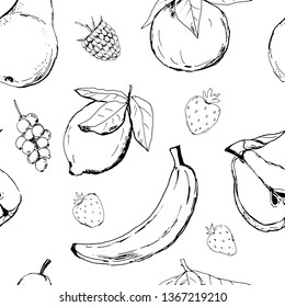 Seamless Pattern of the outline of Fruit in black lines. A windy illustration is black and white for printing on paper, wallpaper, fabrics, wrapping paper, packaging.
