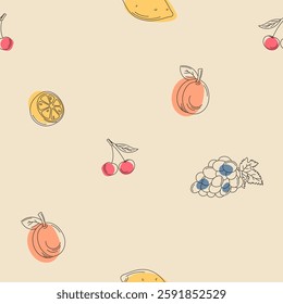 seamless pattern with outline fruits and color spot
