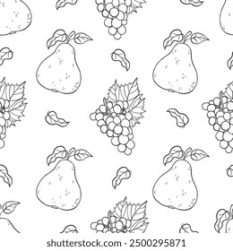 Seamless pattern with outline fruits pear and bunch grapes on white background. Line hand drawing. Vector illustration