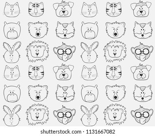 Seamless pattern with outline funny animals faces  on white background. Cute vector ilustration.