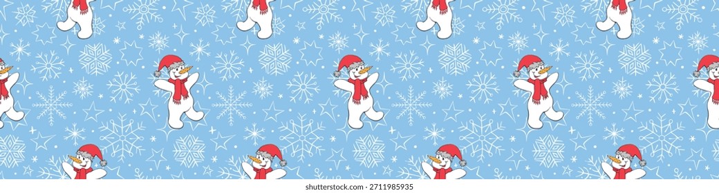 Padrão contínuo de esboço engraçado alegre bonecos de neve de Natal. Fundo de vetor bonito, papel, revestimento, têxtil, coloração